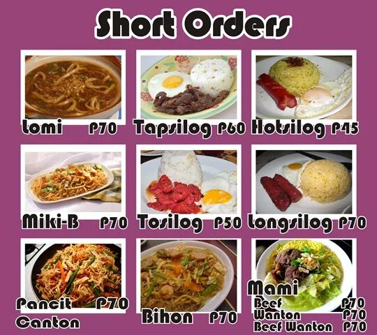 Short order. Меню ресторана на английском. Short menu.