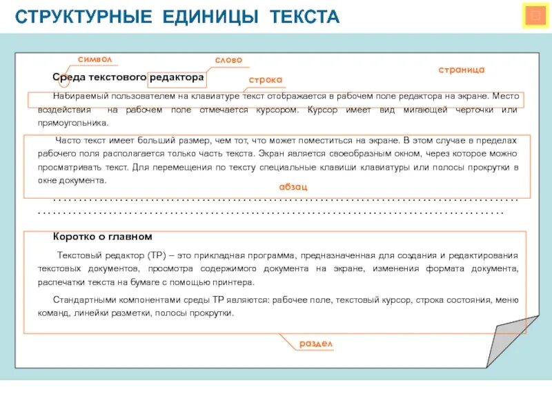 Вечером в среду текст. Структурные единицы текста. Текстовый курсор. Структурные единицы текстового документа. Среда текстового редактора.