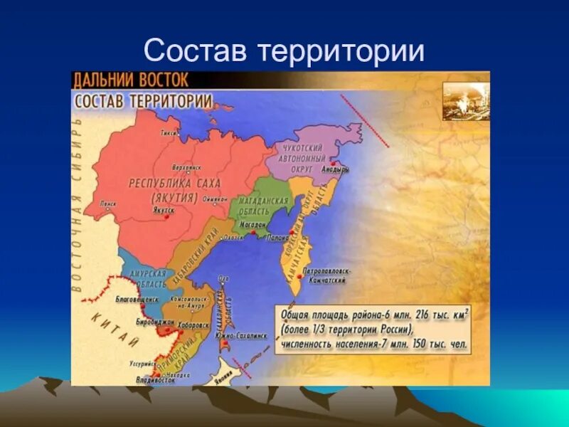 Состав дальнего Востока. Размещение населения дальнего Востока. Территория дальнего Востока. Состав территории дальнего Востока.