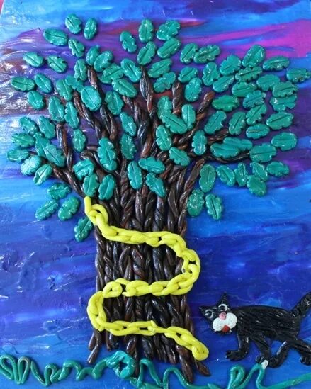 Поделки по сказкам. Сюжетная композиция из пластилина. Поделка у лукоморья дуб зеленый. Лепка по сказкам пушкина. Лепка у лукоморья дуб зеленый.