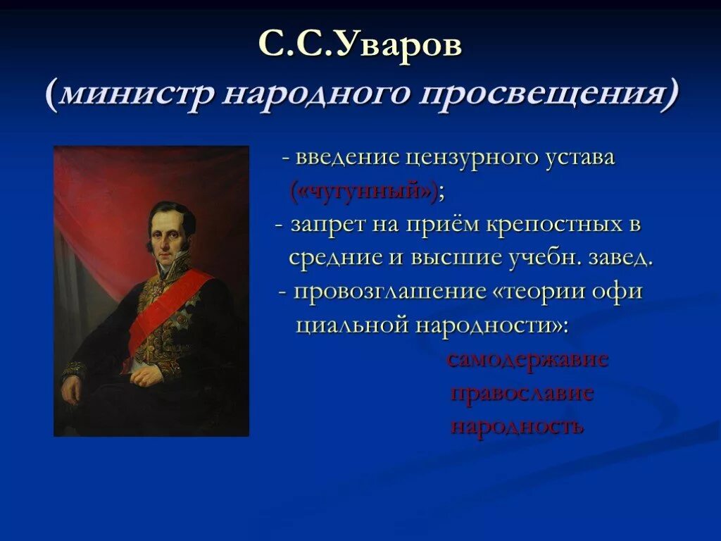 Уваров министр Просвещения. Уваров при Александре 1. К положениям теории официальной народности относятся