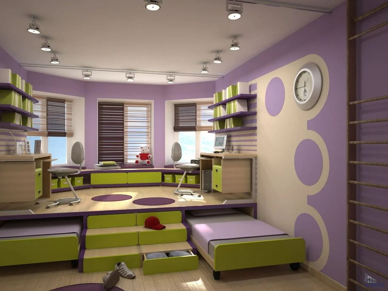 Интерьеры детских комнат. Интерьер детской. Детская для девочки с 2 окнами. Детская комната с подиумом. Детская с двумя окнами для двоих.