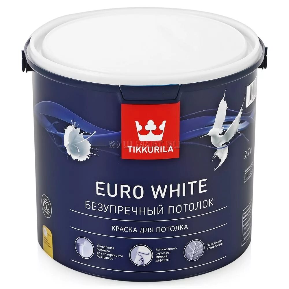 Какой фирмы лучше краски. Tikkurila Euro White (9 л ). Водоэмульсионная краска Tikkurila. Краска Tikkurila Euro White белая для потолков 2,7 л. Тиккурила краска для потолка белая матовая.
