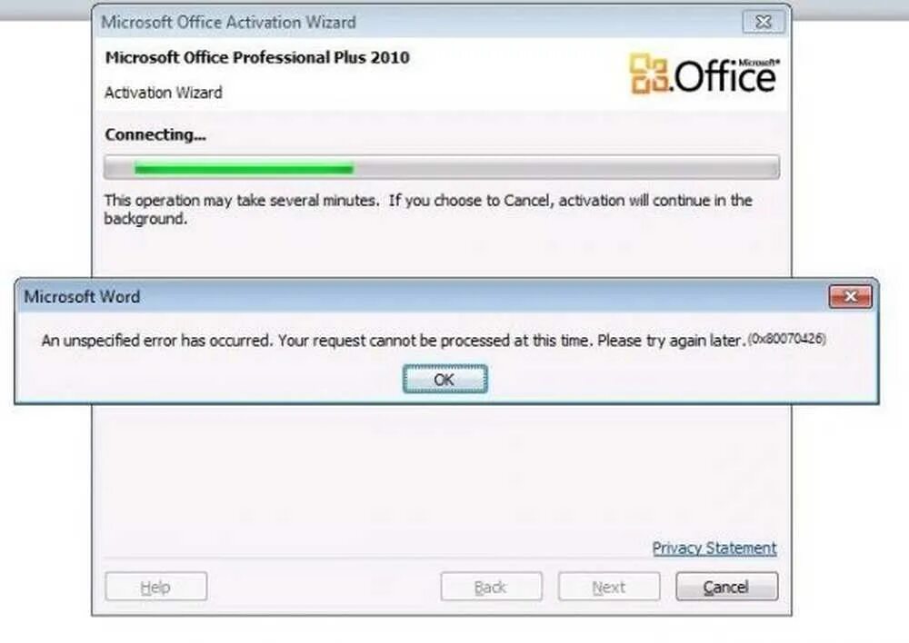 Cannot process request. Microsoft Office activation г. Ошибка 0x80070426. Исправление ошибок Microsoft Office. Процесс активации Microsoft Office.