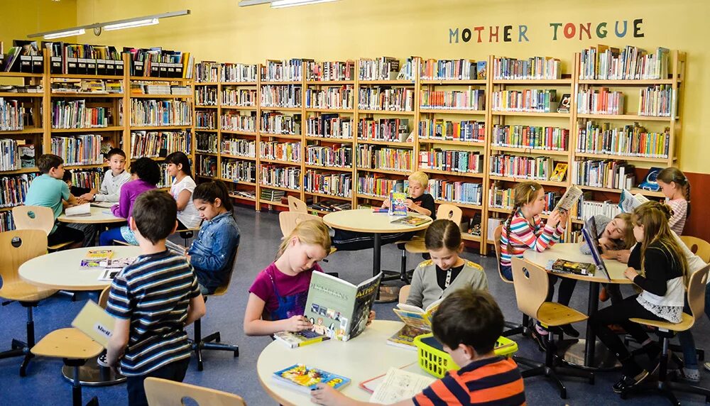 This is our library. Библиотека в школе. Дети в библиотеке. Современная детская библиотека. Современная Школьная библиотека с детьми.