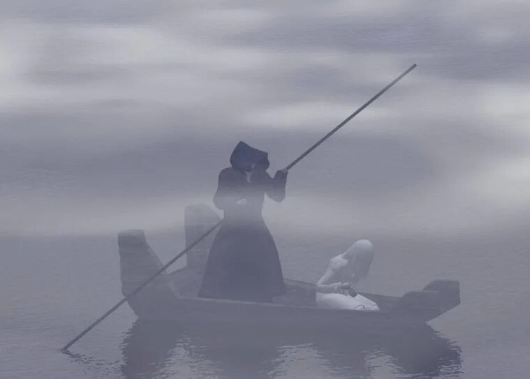 лодочник в лодке. паромщик на том берегу. паром и паромщик. река стикс харон. паромщик.