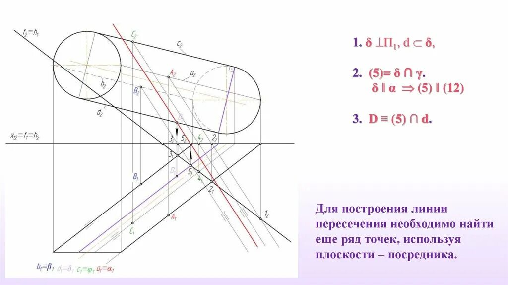 Построение линий связи. Пересечение поверхности плоскостью общего положения. Тело с вырезом Начертательная геометрия. Пересечение поверхности плоскостью Начертательная геометрия. Сечение цилиндра плоскостью общего положения.