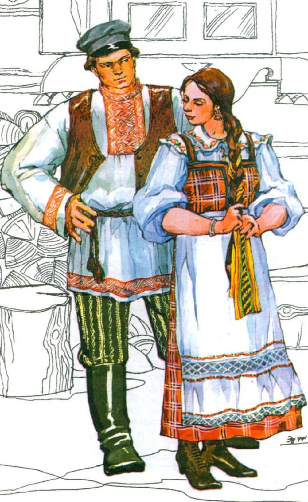 Народные костюмы. Иллюстрации народных костюмов. Русский национальный костюм. Русские люди в национальных костюмах.