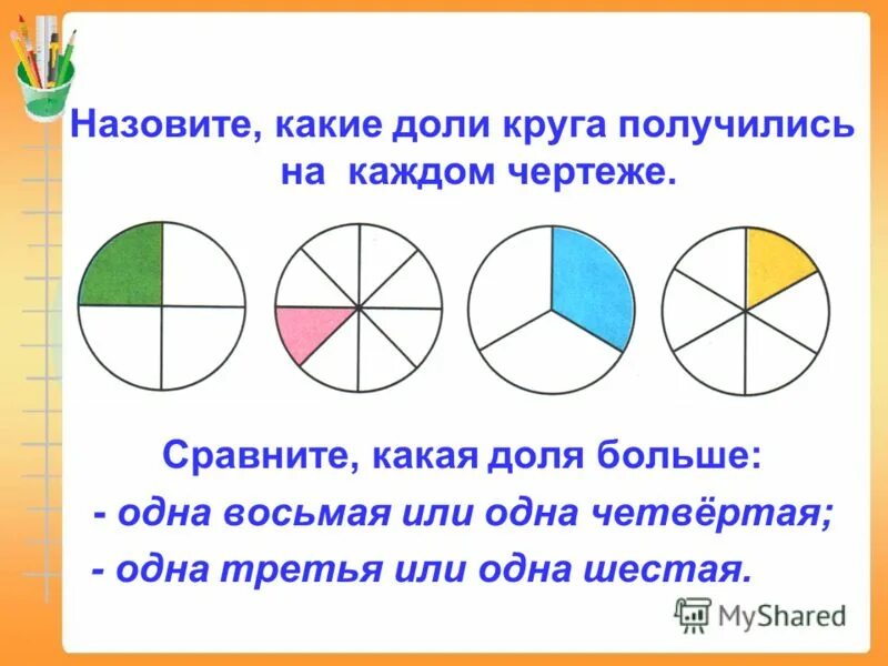 Часть целое для дошкольников. Доли и дроби. Дроби закрасить часть. Какая часть фигуры закрашена. Какую часть фигуры составляет закрашенная часть.
