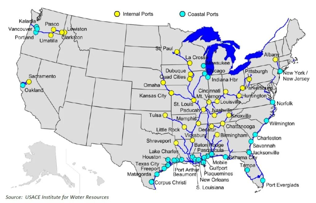 Порты США на карте. Карта водных путей США. Карта портов США. Морские Порты США на карте.