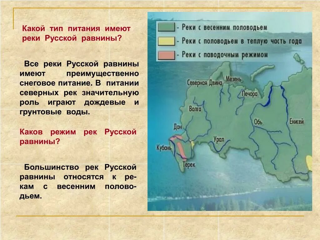 Какие реки америки имеют преимущественно снеговое питание. Питания русская равнина. Режим рек русской равнины. Русская равнина презентация. Питание рек Восточно европейской равнины.