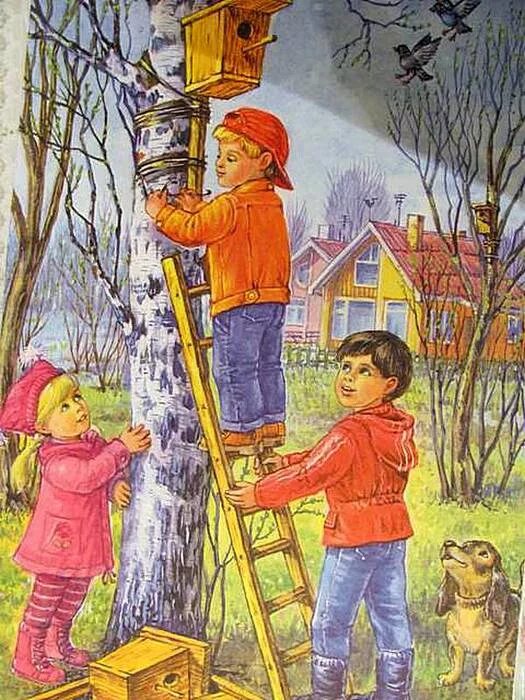 На каждом дереве ребята повесили. На каждом дереве ребята повесили. Дети развешивают скворечники. Картина скворечник для детей. Школьники развешивают скворечники.