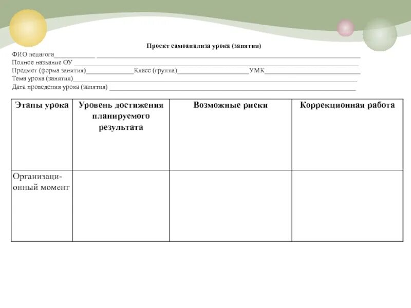 Самоанализ образец. Схема самоанализа занятия. Самоанализ урока учителем. Бланк самоанализа. Самоанализ ранней группе