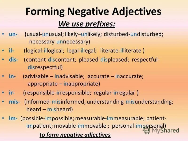 Negative adjectives в английском. Отрицательные префиксы в английском. Forming negative adjectives правила. Negative forms of adjectives. Make adjectives negative