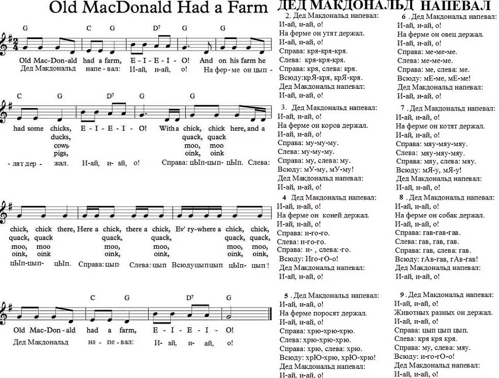Древние песни слова. У старого Макдональда была ферма на русском текст. Старый Мак на ферме жил Ноты. Песенка old MACDONALD. Старый Макдональд песня.