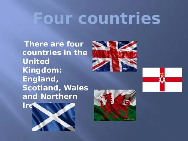 There are four countries. What Countries are there in the United Kingdom. Великобритания there is are. 4. “Countries”.