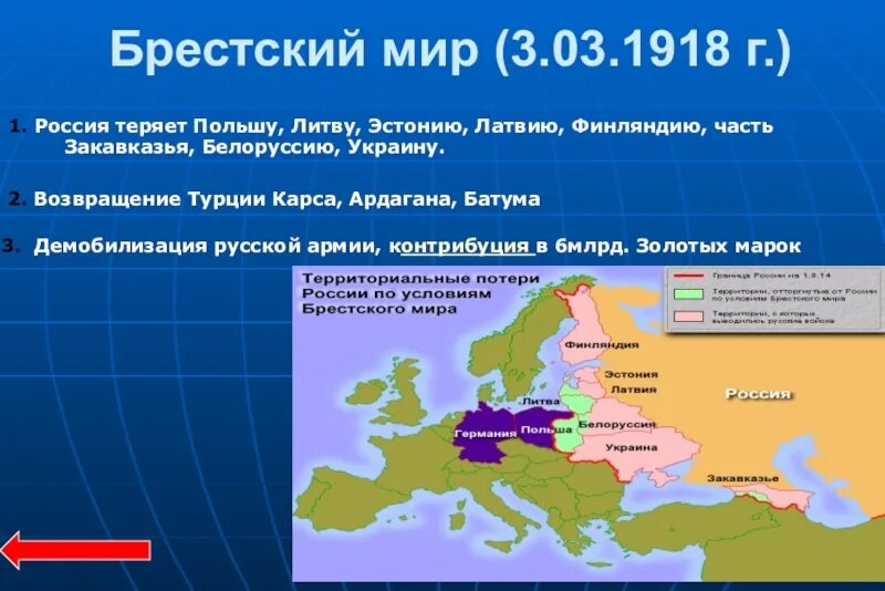 Потери территории России в 1 мировой войне. Заключение брест литовского