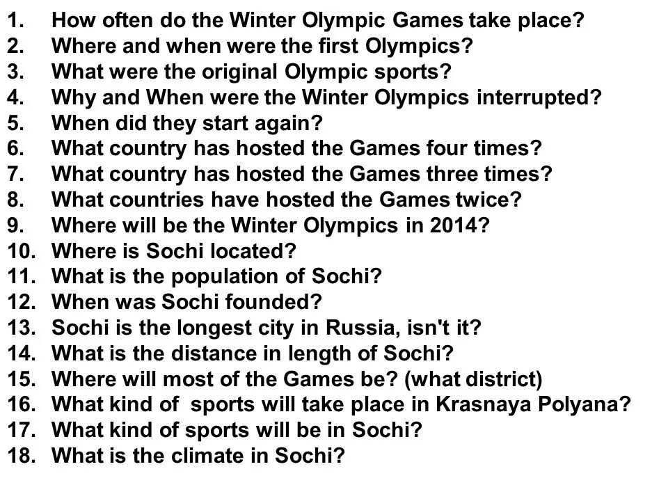 Olympic games questions. Questions when did the first Olympic games take place how. What are the Olympic Sports ответы на задания. How often are the Olympic games held. You often do sport