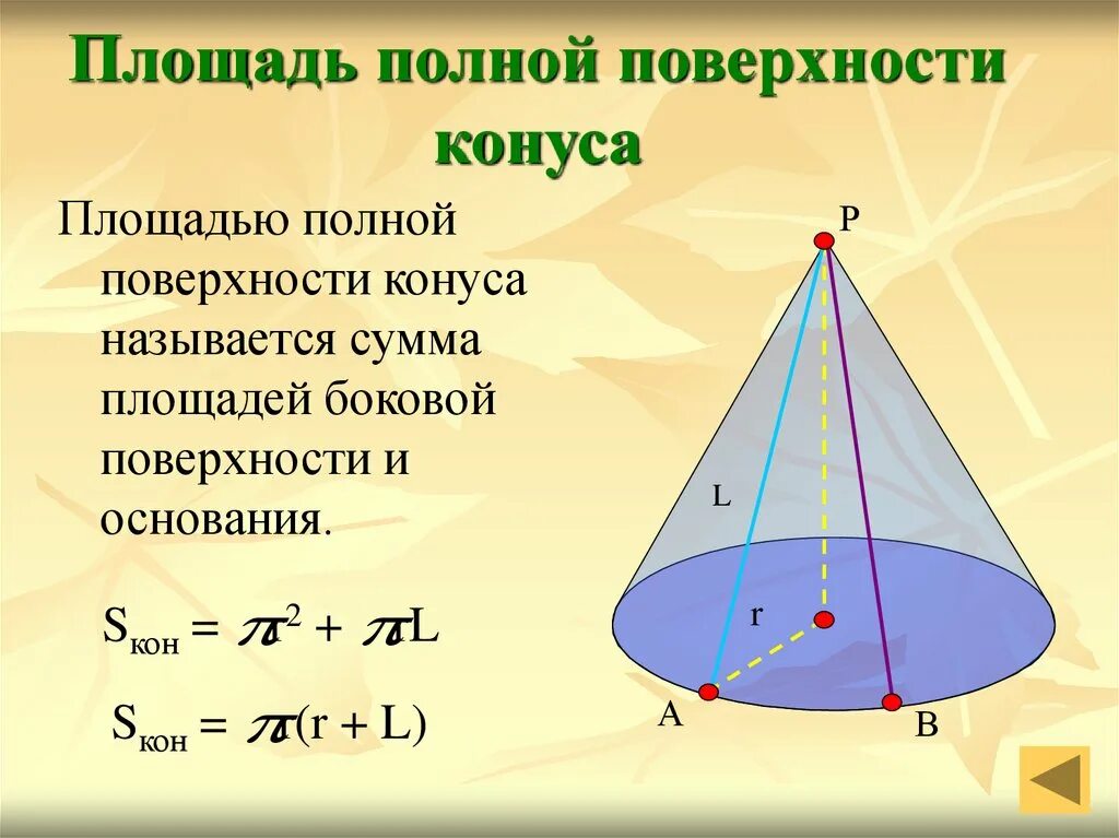 Формула площади поверхности конуса формула. Площадь боковой и полной поверхности конуса. Формула для вычисления площади полной поверхности конуса. Площадь боковой поверхности усеченного конуса формула.