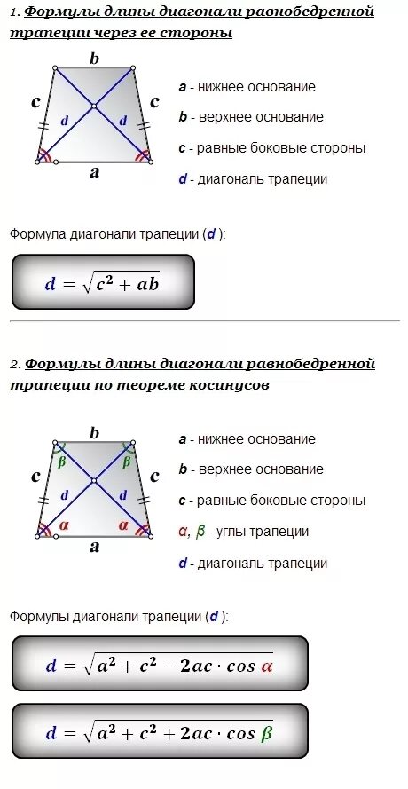 Формула нахождения диагонали трапеции по сторонам. Диагональ равнобедренной трапеции формула. Формула нахождения площади трапеции через диагонали. Диагонали равнобедренной трапеции через основания. Отношение диагоналей в трапеции.