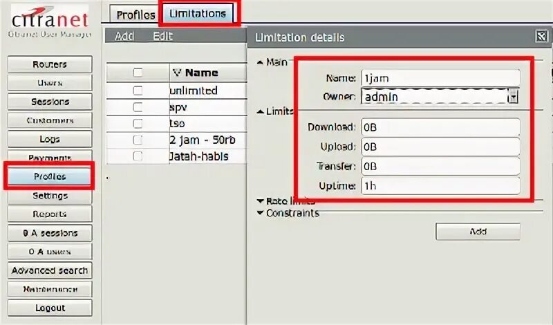 Add limit. Mikrotik Management software.