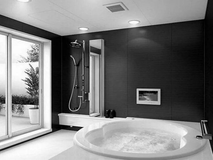 Черно белый цвет в ванной. Ванная комната. Черная ванная комната. Черно-белая ванная комната. Ванная комната в темных тонах с джакузи.