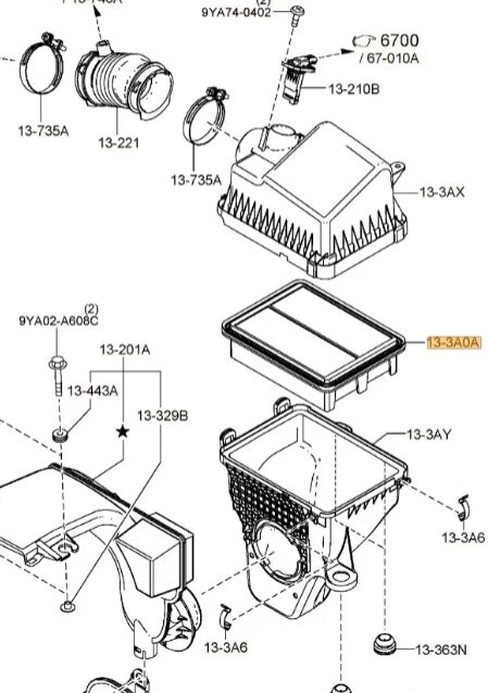 Cx 5 воздушный фильтр. Схема воздушного фильтра Мазда 3бк 2,0. Мазда 3 седан 2011 размер воздушного фильтра двигателя. Воздушный фильтр двигателя Мазда 3. Корпус воздушного фильтра Mazda cx7 артикул схема.