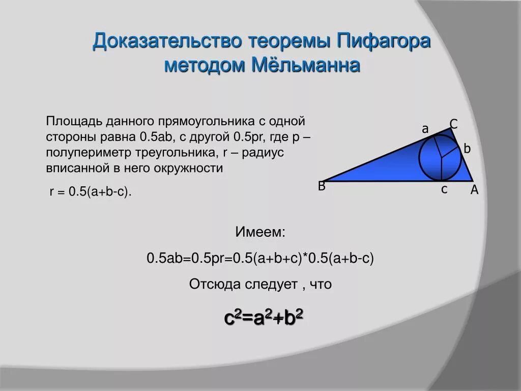 Теорема пифагора окружность. Доказательство теоремы Пифагора Мельманна. Доказательство теоремы Пифагора методом мёльманна. Теорема Пифагора площадь треугольника. Способы доказательства теоремы Пифагора.