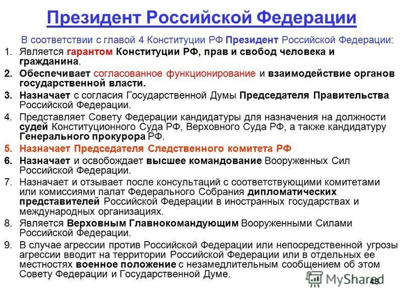 Основные полномочия президента рф схема