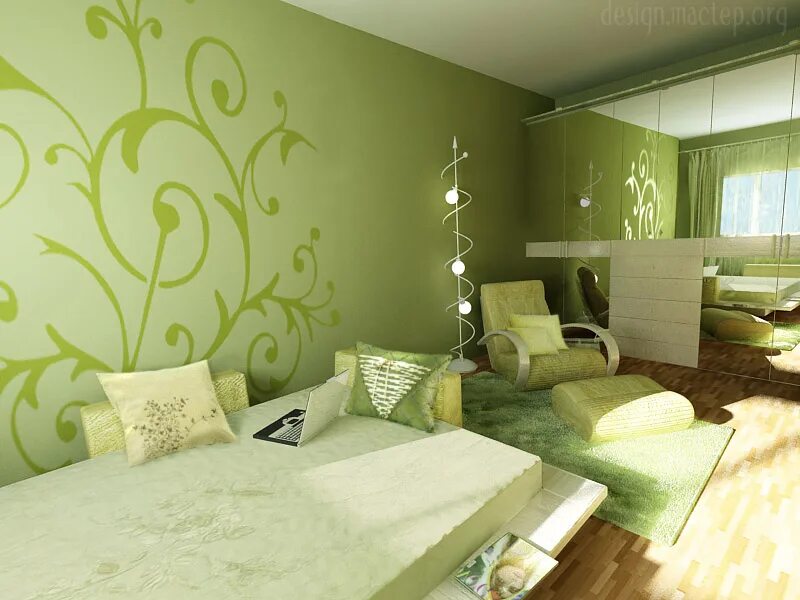 Ремонт зеленые обои. Зелёный дезайн комнаты. Комната в зеленый тонпх. Комната в светло зеленых тонах. Зеленые обои в спальне.