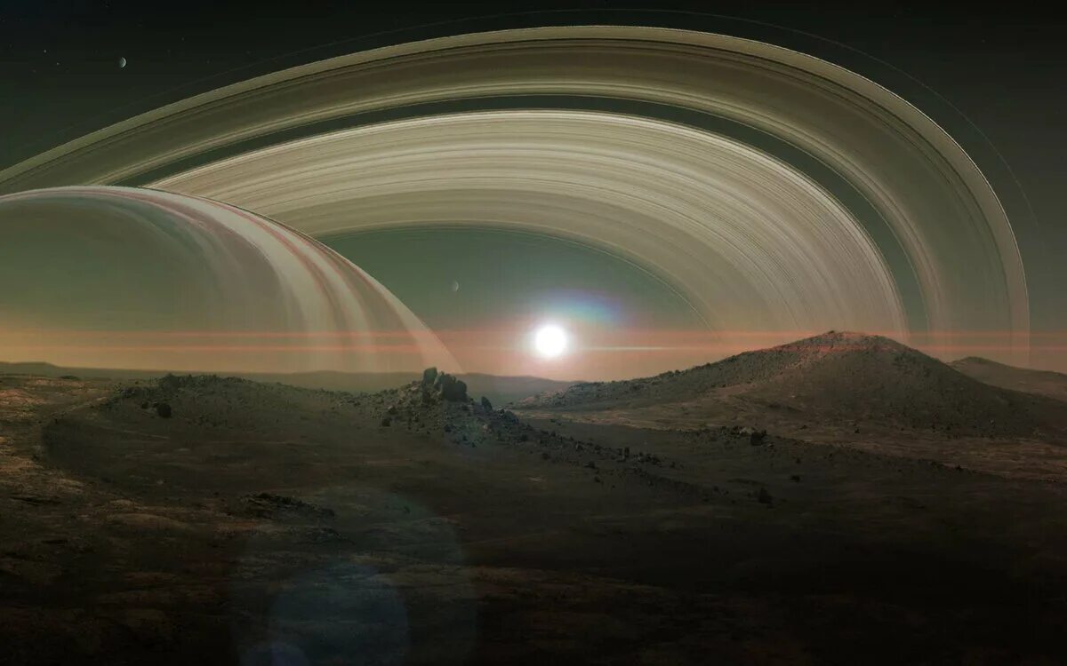 Больше всех других планет. Титан Спутник Сатурна поверхность. Титан Спутник Сатурна вид с планеты. Вид на Сатурн с титана. Атмосфера титана спутника Сатурна.
