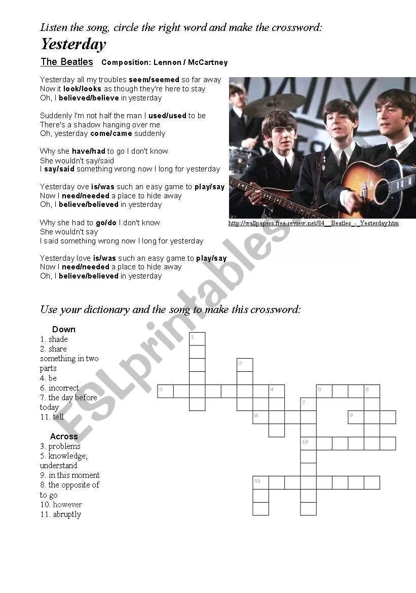 Перевод с английского естудей. Yesterday Beatles Worksheet. Beatles Worksheets. Yesterday Beatles exercises. Yesterday Song Worksheet.