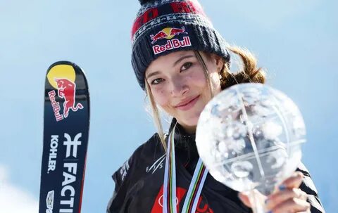 Eileen Gu poses with her first place trophy after the Women’s Freeski Halfp...