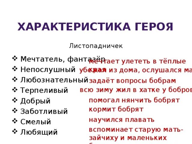 Характеристика Листопадничек 3 класс литературное чтение. Листопадничек характеристика героя 3 класс. План характеристики литературного героя 3 класс Листопадничек.