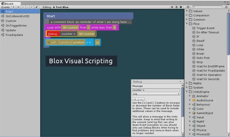 Debug message. BLOX game Systems. Тест на event loop. Debug Block. Update FIXEDUPDATE Unity.