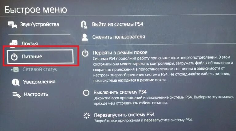 Сбросить настройки ps4. PLAYSTATION 4 выключение. Меню выключения пс4. Быстрое меню пс4. Быстрое меню PLAYSTATION 4.