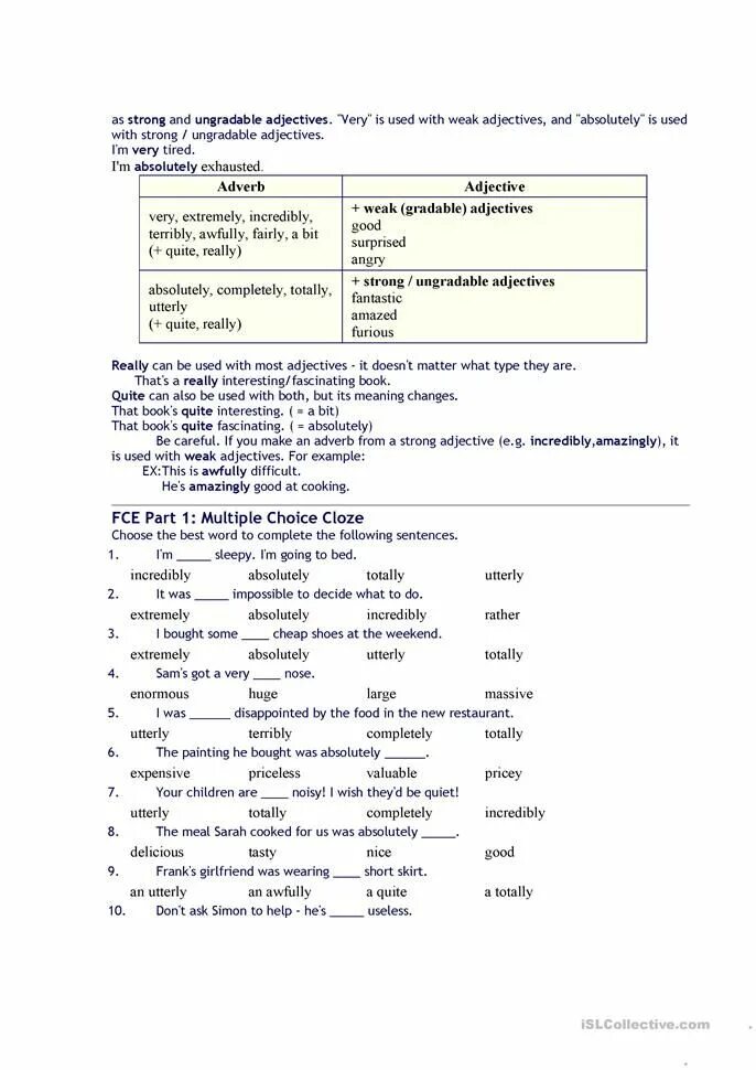 Strong adjectives tired. Quite really very exercises. FCE Grammar and Vocabulary exercises. Very good strong adjectives. Tired adjective