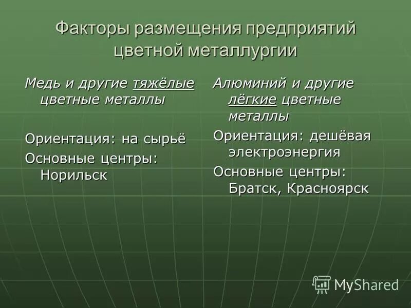 Алюминий факторы размещения предприятий. Факторы размещения цветной металлургии. Основные факторы размещения предприятий цветной металлургии. Легкие цветные металлы факторы размещения. Факторы размещения цветной металлургии тяжелых металлов.