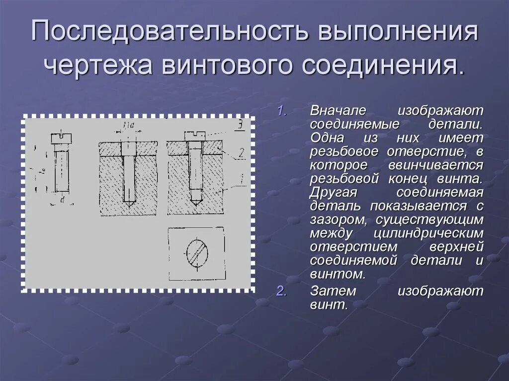 Последовательность выполнения соединений. Последовательность выполнения винтового соединения чертеж. Последовательность выполнения чертежа детали. Порядок черчения винтового соединения. Последовательность работ при сборке болтового соединения.