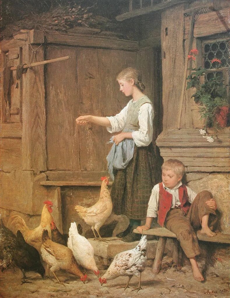 Картина дети кормят курицу. Художник Albert Samuel Anker.