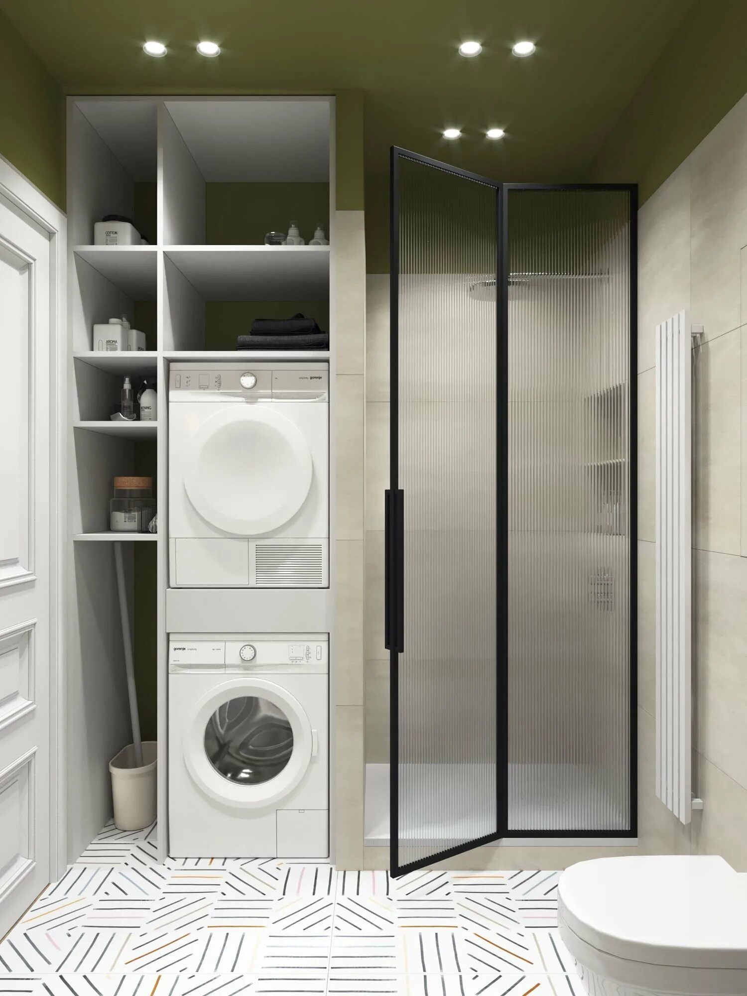 Постирочная комната с душевой. Встроенный шкаф в ванну. Постирочная в санузле. Душевая со стиральной машиной.