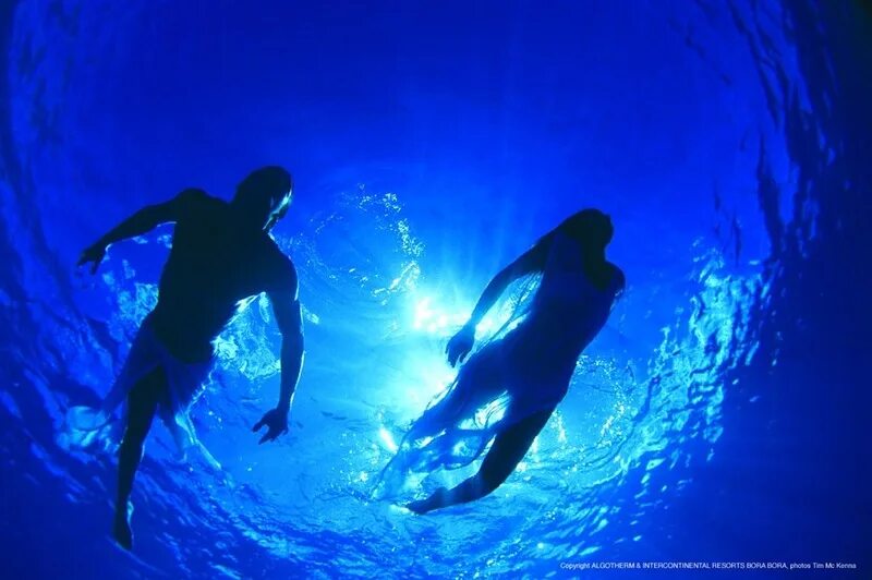 Человек под водой. Ночное купание в океане. Два человека под водой. Мужчина и женщина под водой. Медуза не умеет плавать в ночи