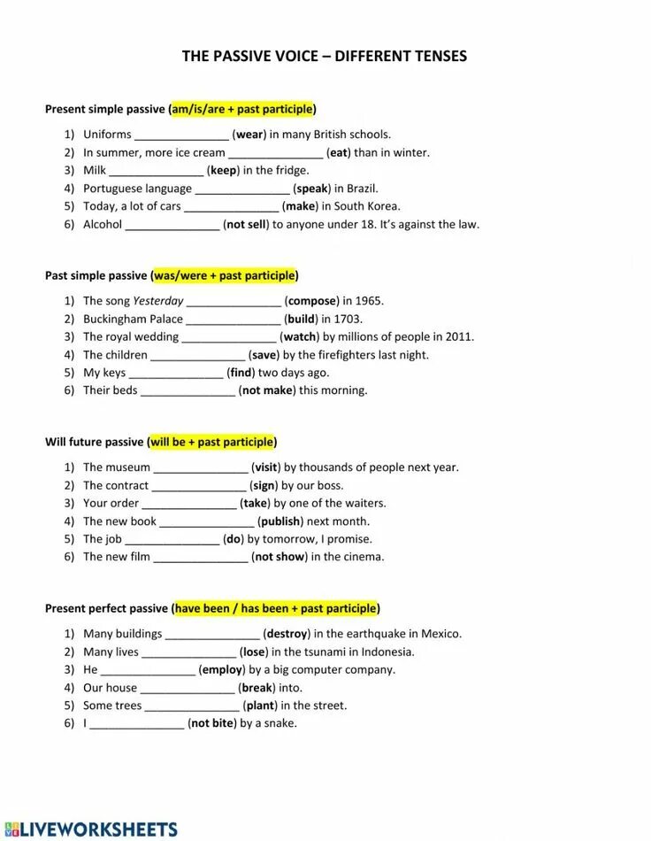 Different tenses. Пассивный залог simple упражнения. Упражнения на пассивный залог в английском языке в present. Упражнения на страдательный залог simple. Passive Voice в английском упражнения 5 класс.