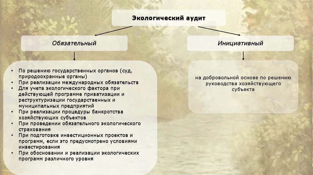 Обязательный экологический аудит. Обязательный и инициативный аудит. Добровольный экологический аудит. Виды аудита обязательный инициативный.