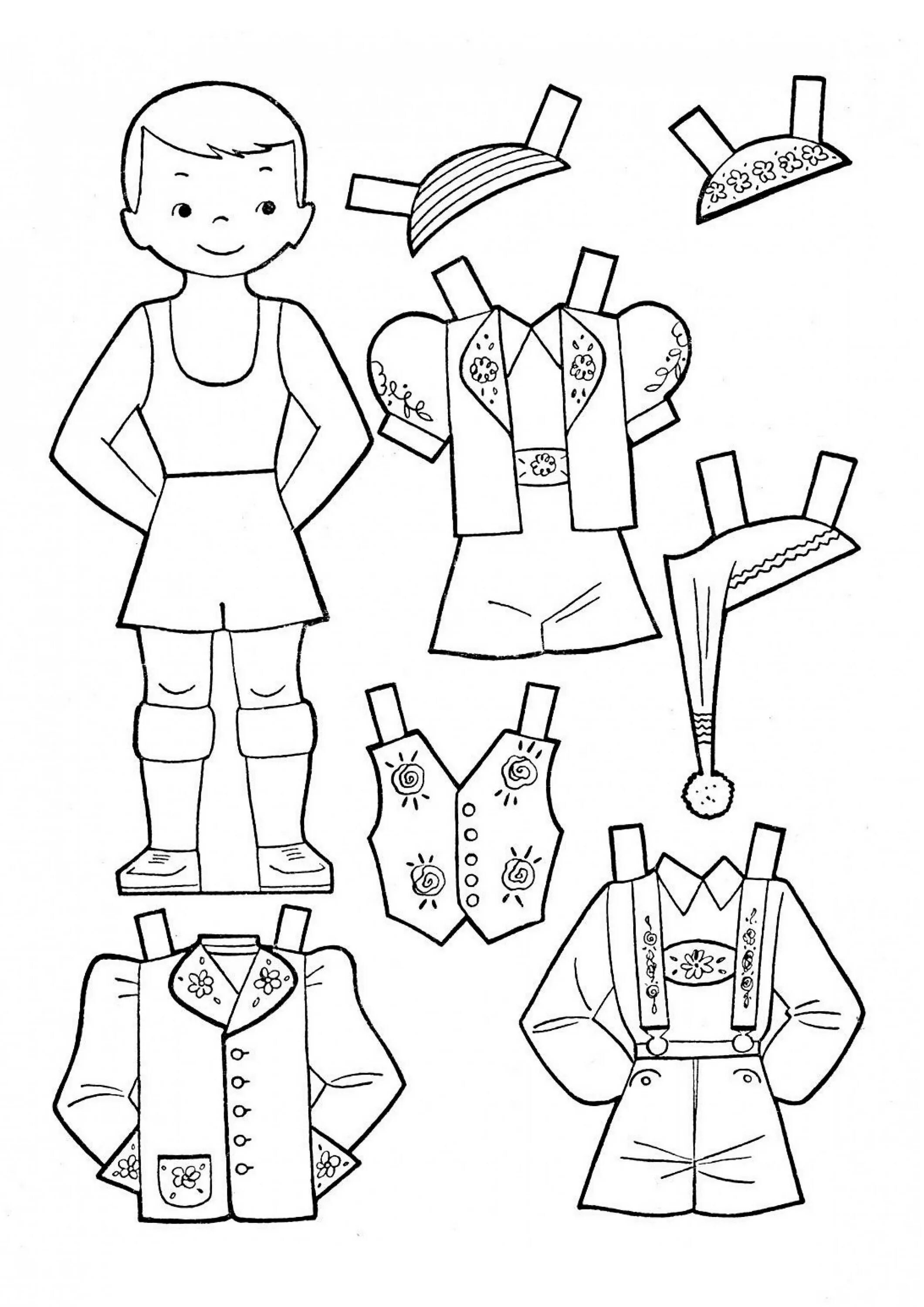 Одежда раскраска для детей. Кукла с одеждой для вырезания. Кукла вырезная мальчик и одежда. Школьная форма для бумажной куклы.
