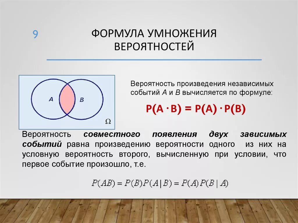 Произведение зависимых событий. Форму умножение вероятностей. Формула умножения вероятностей. Формула вероятности произведения событий. Формулы сложения и умножения вероятностей.