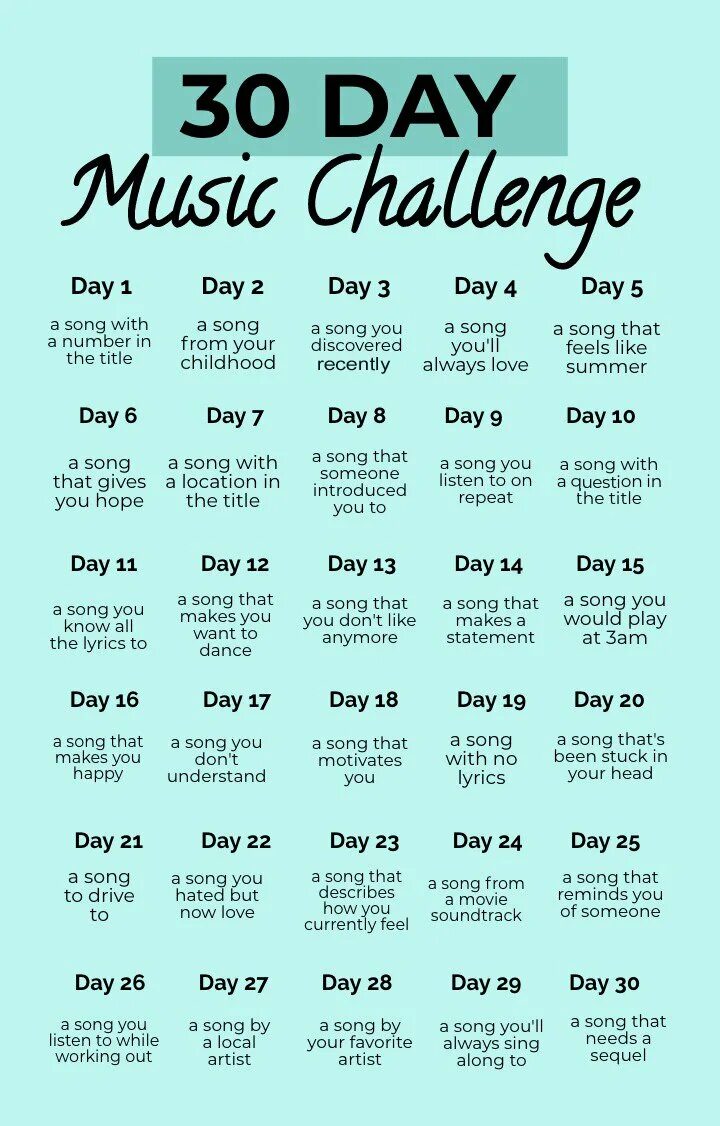 Challenge песня. 30 дней song challenge. 30 day музыкальный челлендж. песенный челлендж 30 дней. 30 дневный сонг челлендж.
