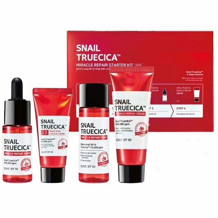 Some by mi набор миниатюр с муцином улитки Snail truecica Miracle Repair Starter Kit, 30+30+10+20мл. Набор миниатюр с муцином улитки Snail truecica Miracle Repair Starter Kit. Набор для проблемной кожи - Snail truecica Miracle Repair Starter Kit [some by mi]. Some by mi Snail truecica Miracle Repair Serum, 50мл. Набор с муцином улитки