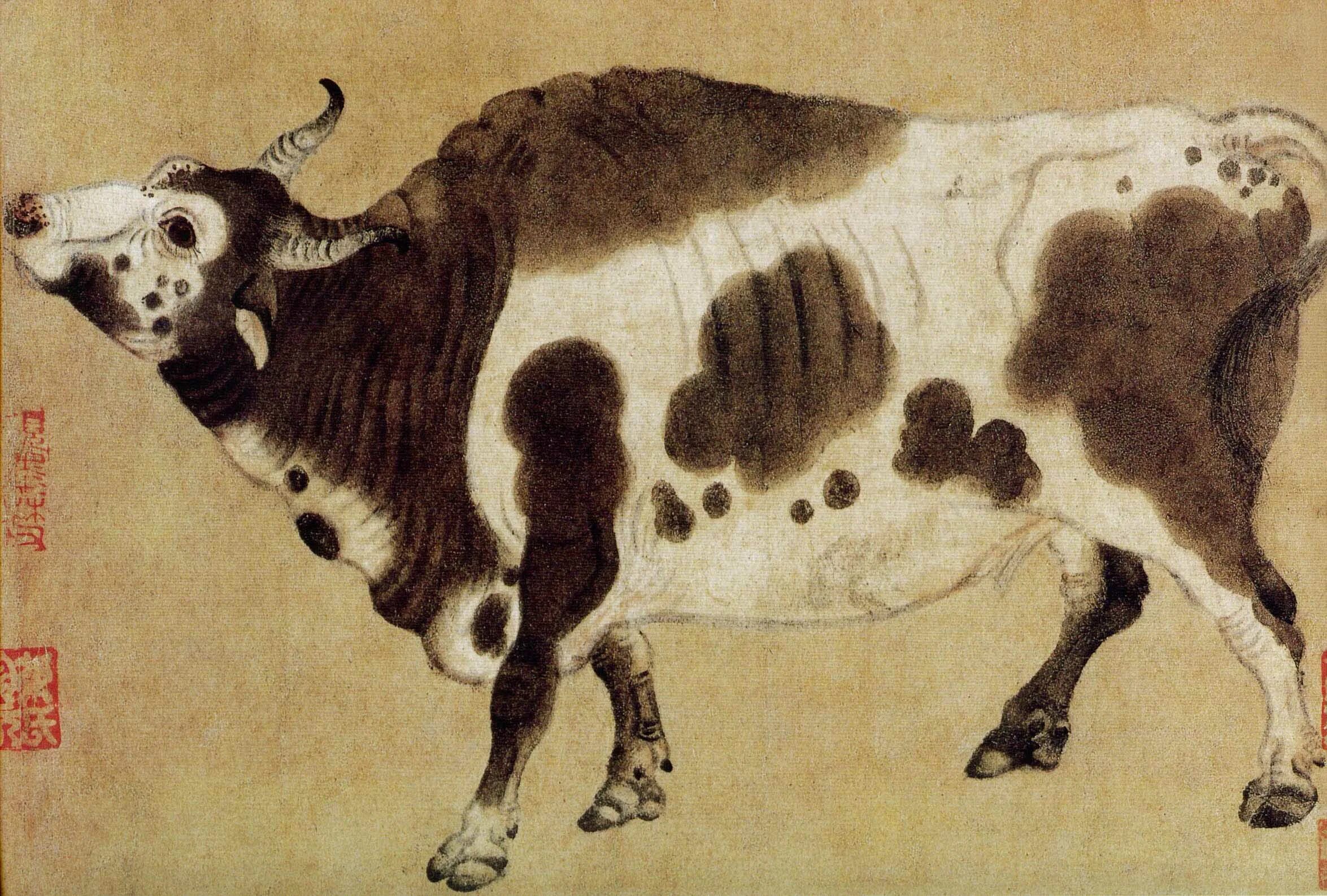 Корова в древности. Хань Хуан пять Быков. "Пять буйволов" Хань Хуана.. Бык японская гравюра. Коровы в живописи.