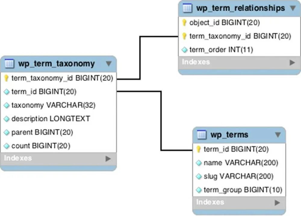 WOOCOMMERCE database schema. Wp taxonomy term. Taxonomy in database.